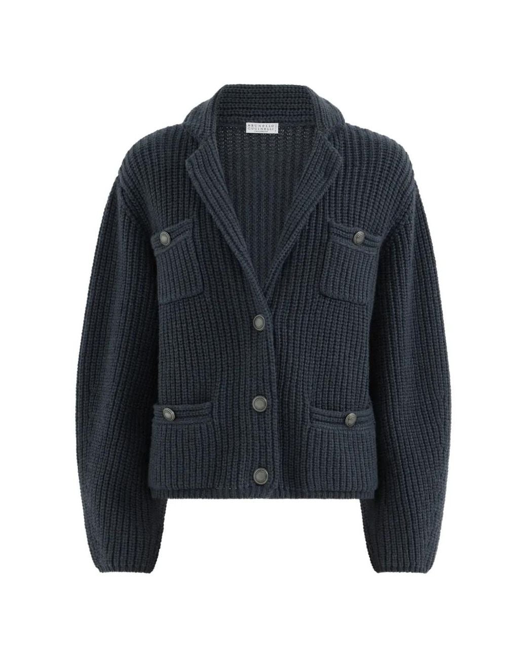 Brunello Cucinelli Blue Cashmere Feather Yarn English Rib Cardigan
