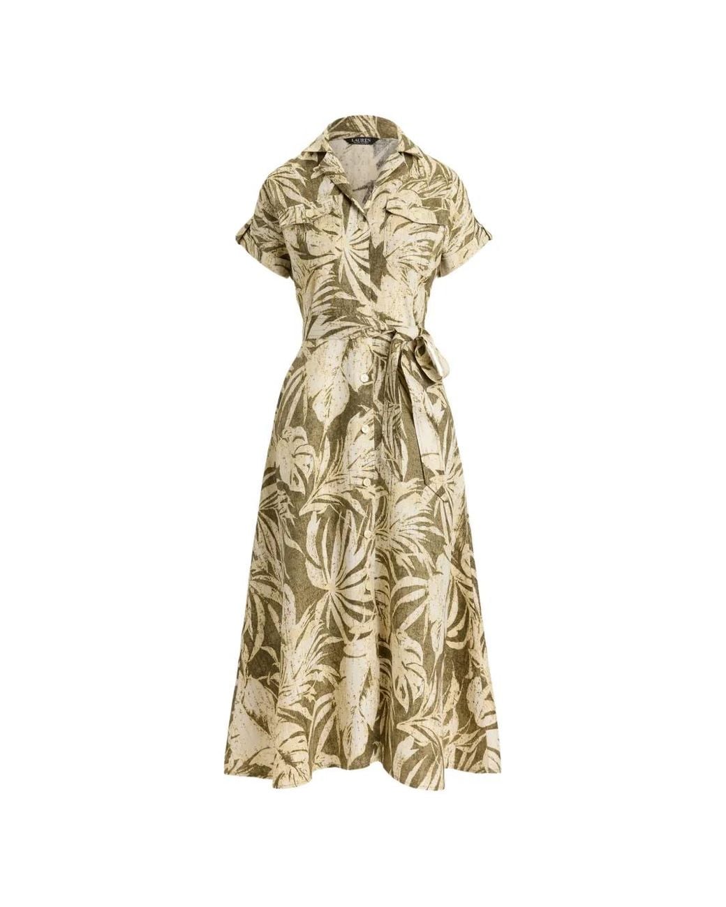 Ralph Lauren Metallic Palm-Frond-Print Camp Midi Shirt Dress