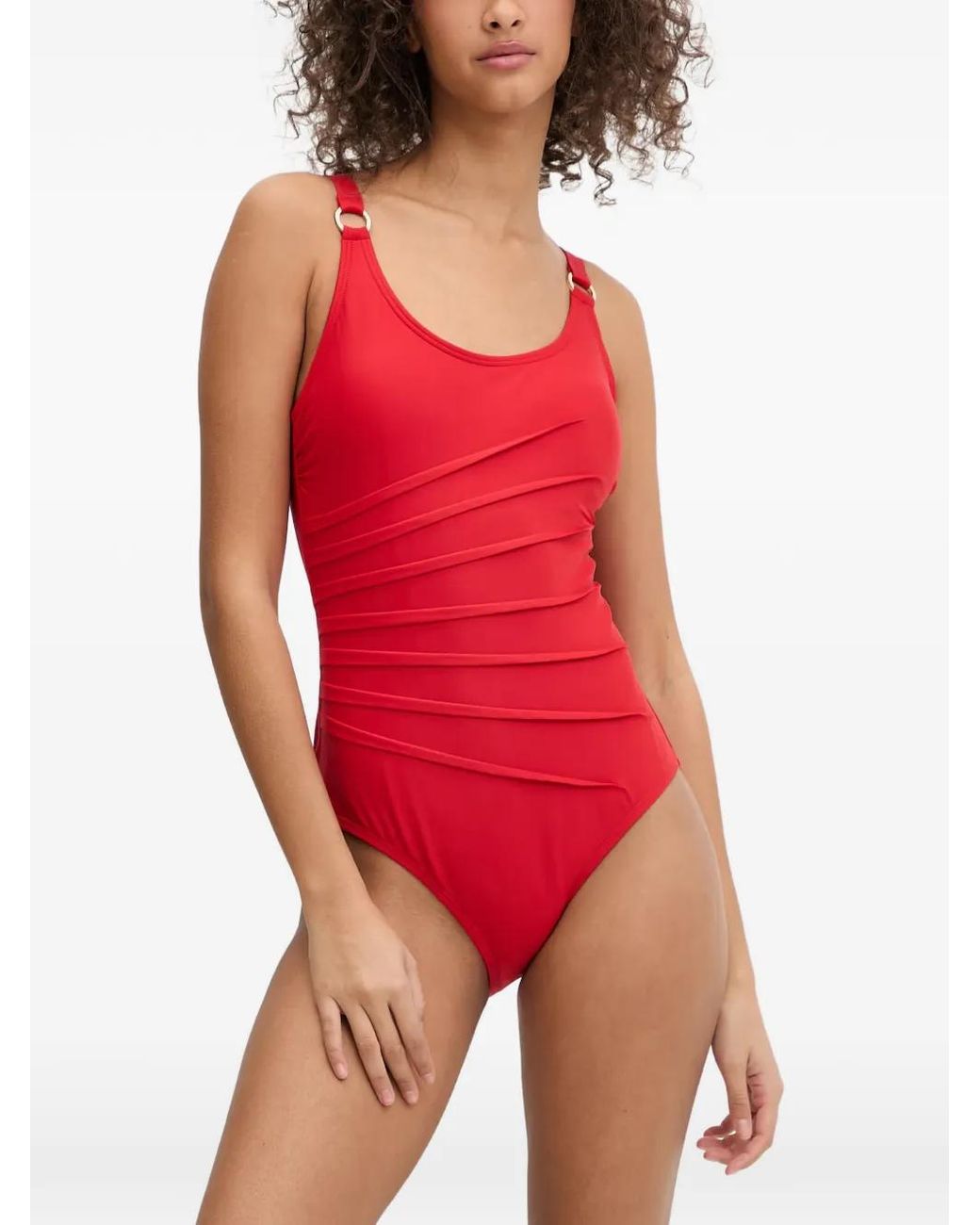 DKNY Red Pleated Ring-Detail Swimsuit