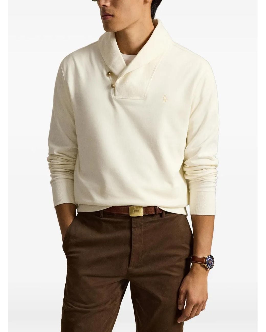 Polo Ralph Lauren White Luxury Jersey Shawl-Collar Pullover for men
