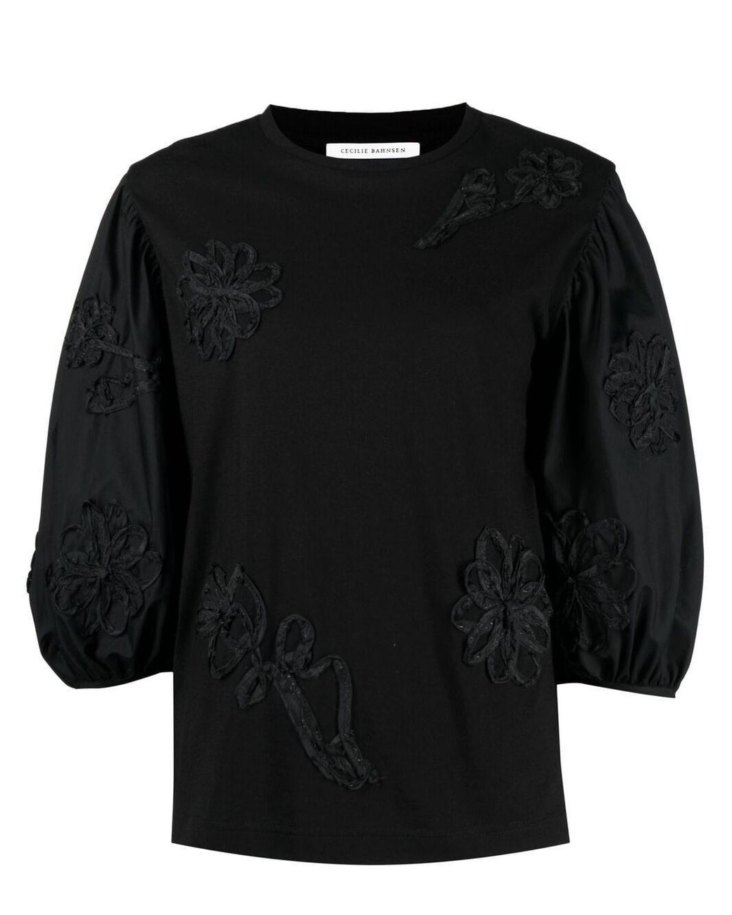 Cecilie Bahnsen Cotton Floral-embroidered Puff-sleeve Top in Black - Lyst