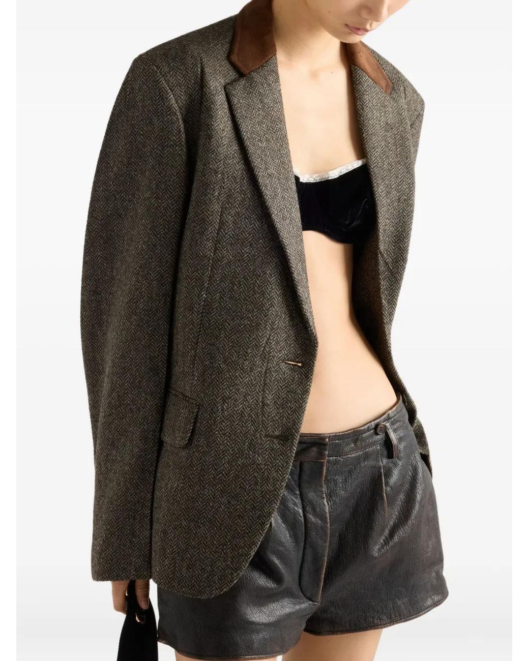 Prada Brown Veste En Laine À Chevrons Et Empiècements En Daim