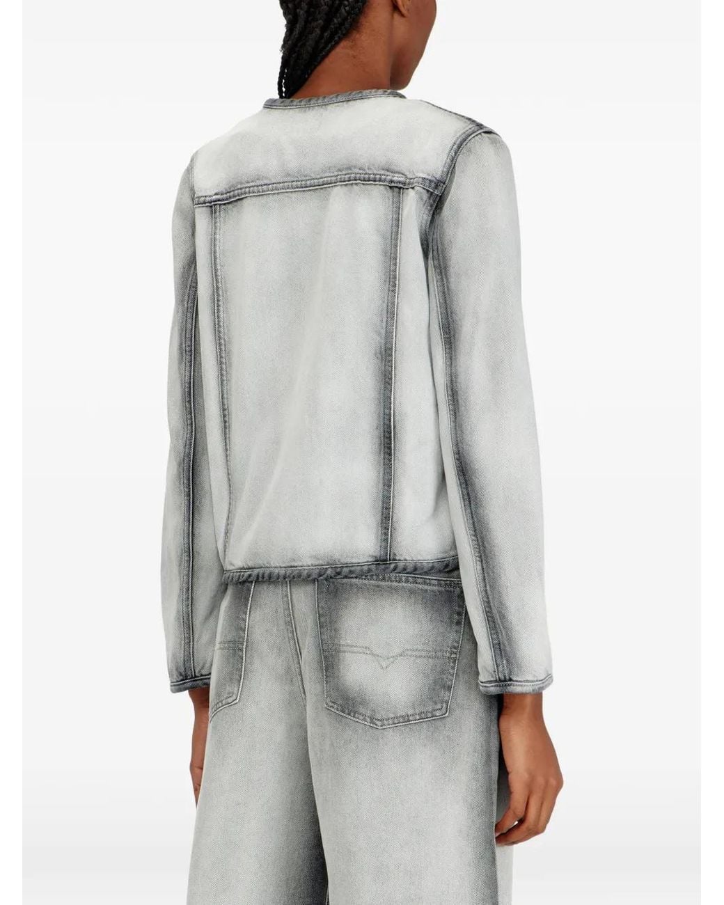 DIESEL Gray Collarless Acid-Wash Denim Jacket