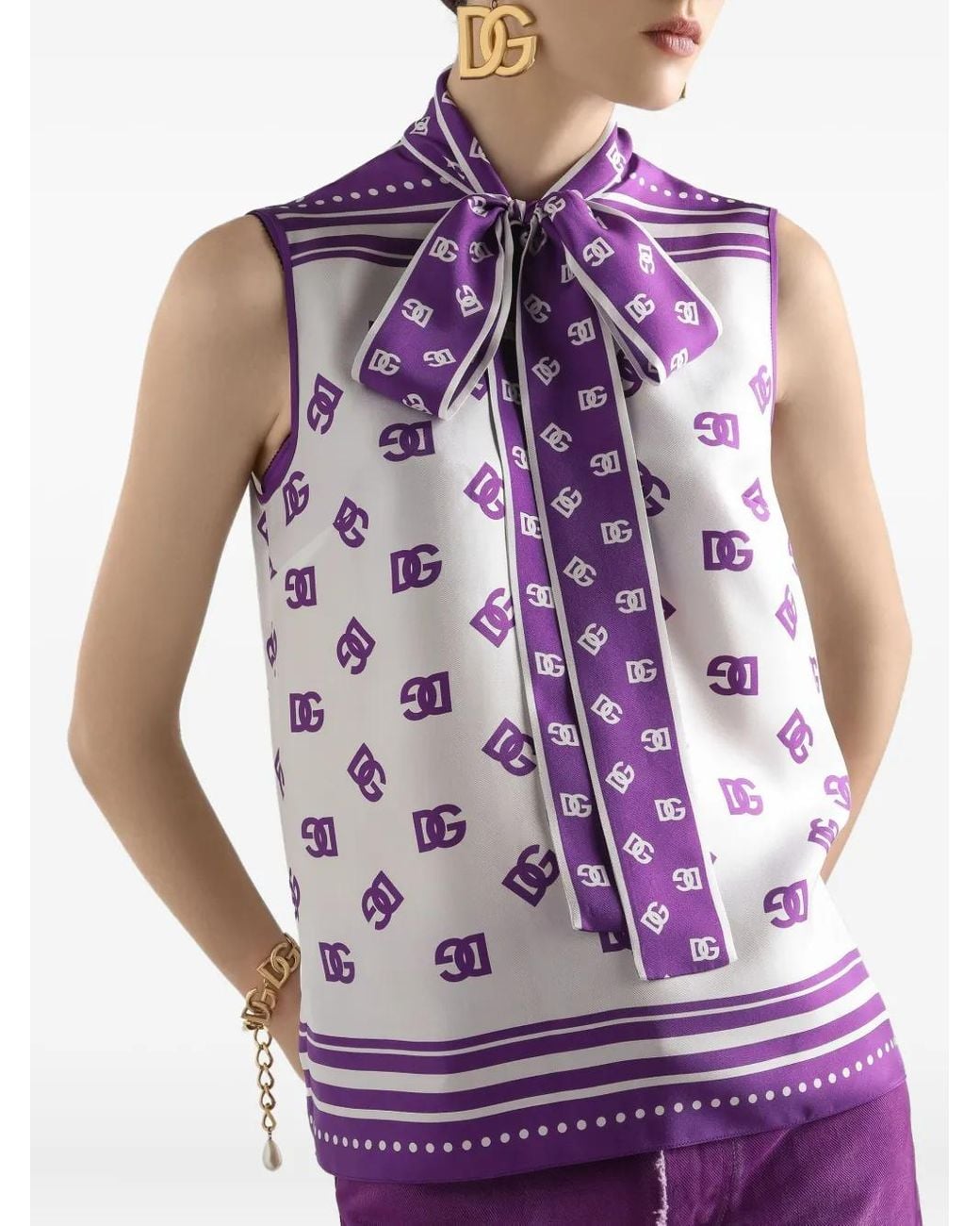 Dolce & Gabbana Purple Dg Logo All-Over Silk Twill Top