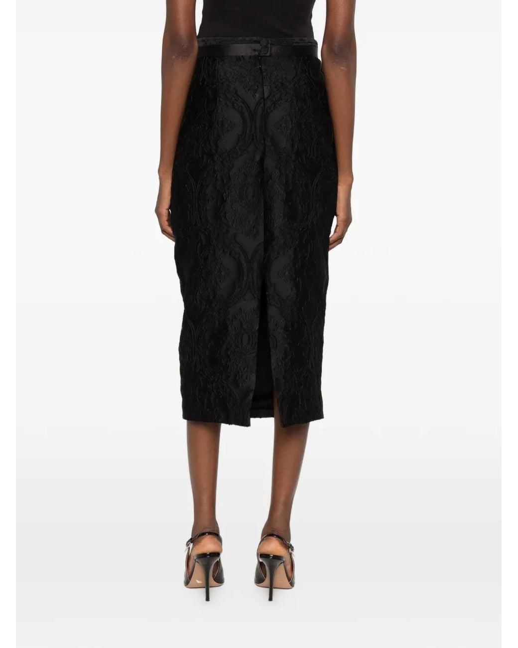 Styland Black Back-Slit Jacquard Midi Skirt