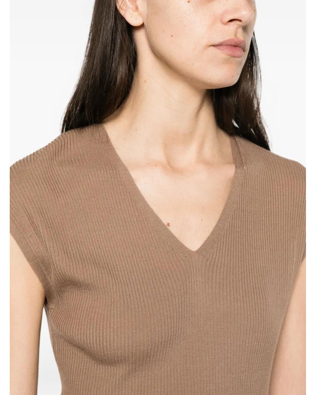 Max Mara Brown Ribbed V-Neck Top