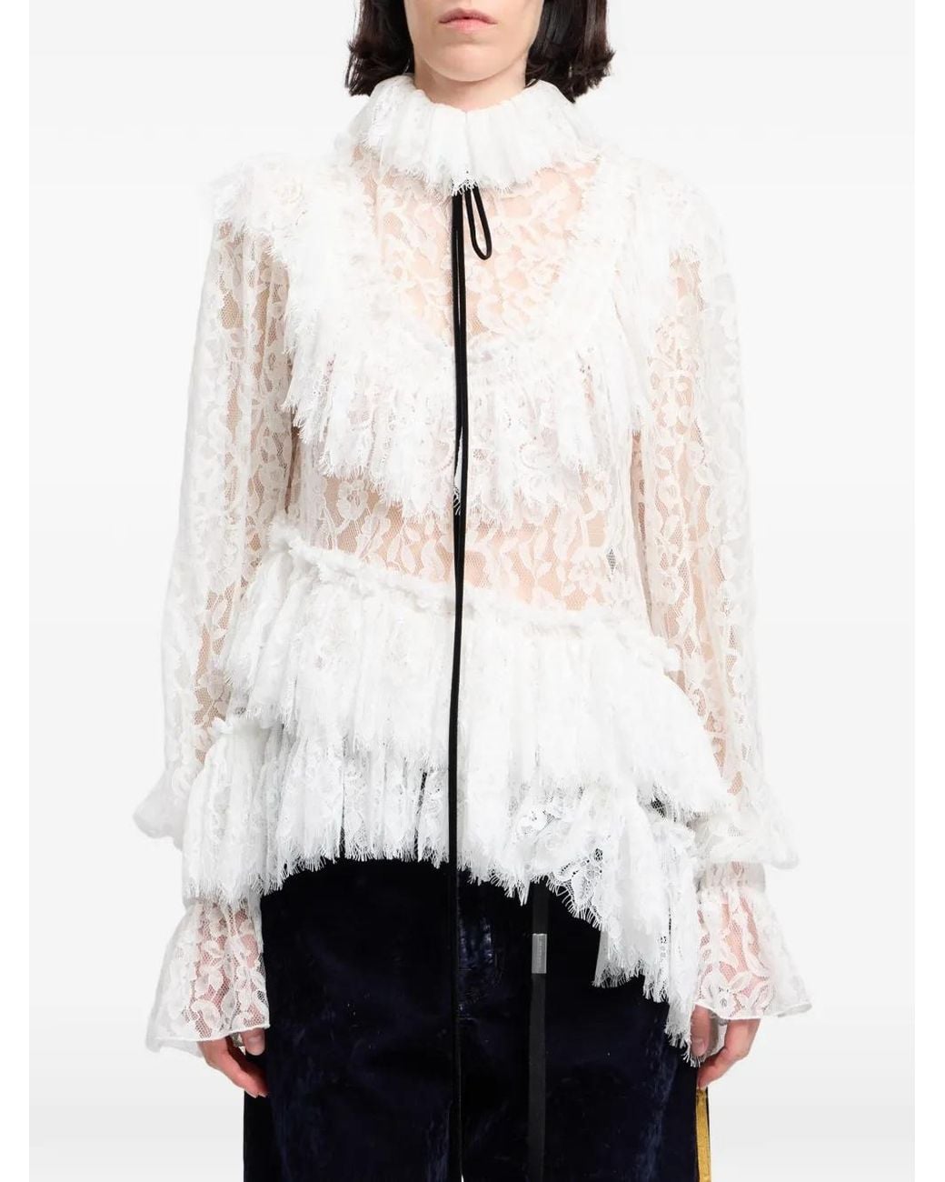 Ann Demeulemeester White Ruffled Paisley-Lace Blouse