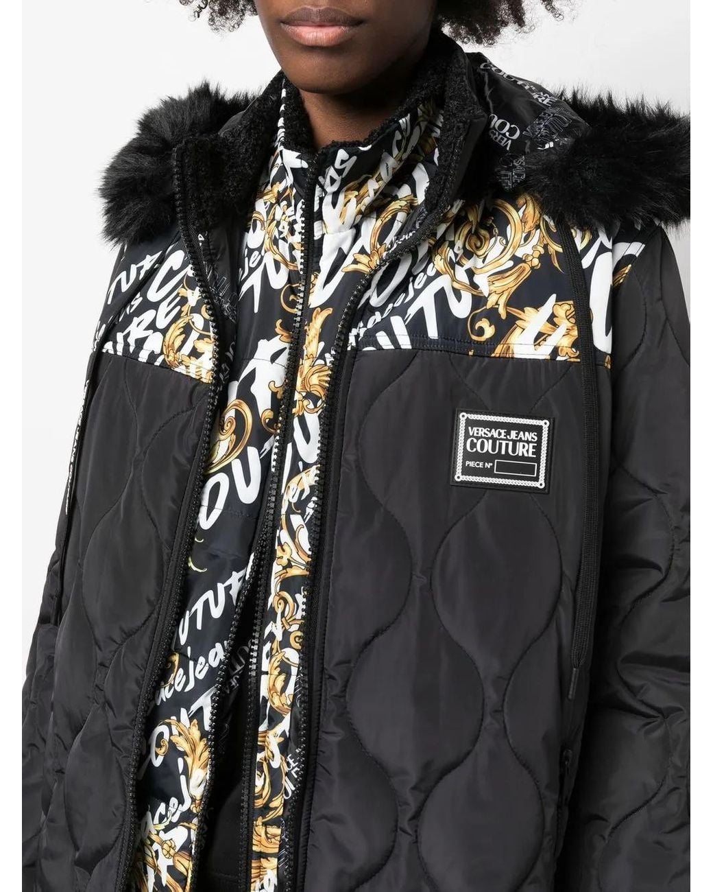 Versace Jeans Couture Black Graphic-Print Quilted Coat