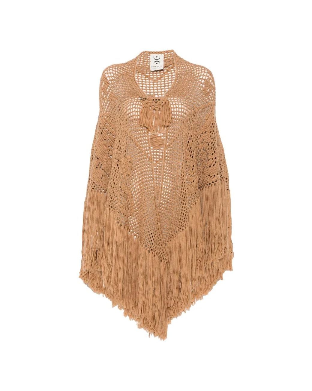 Chiara Is Natural Peonia Fringed-Trim Crochet-Knit Poncho