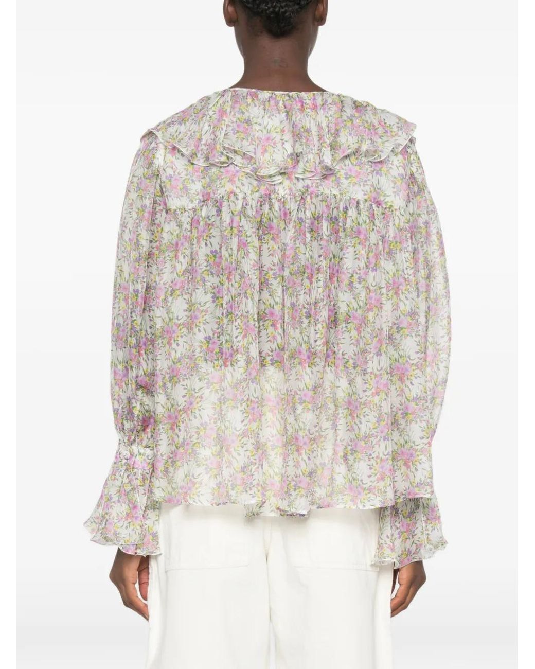 Raquel Diniz White Floral-Print Ruffled Blouse