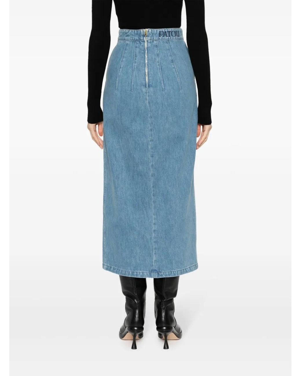 Patou Blue Denim Midi Skirt With Front Slit