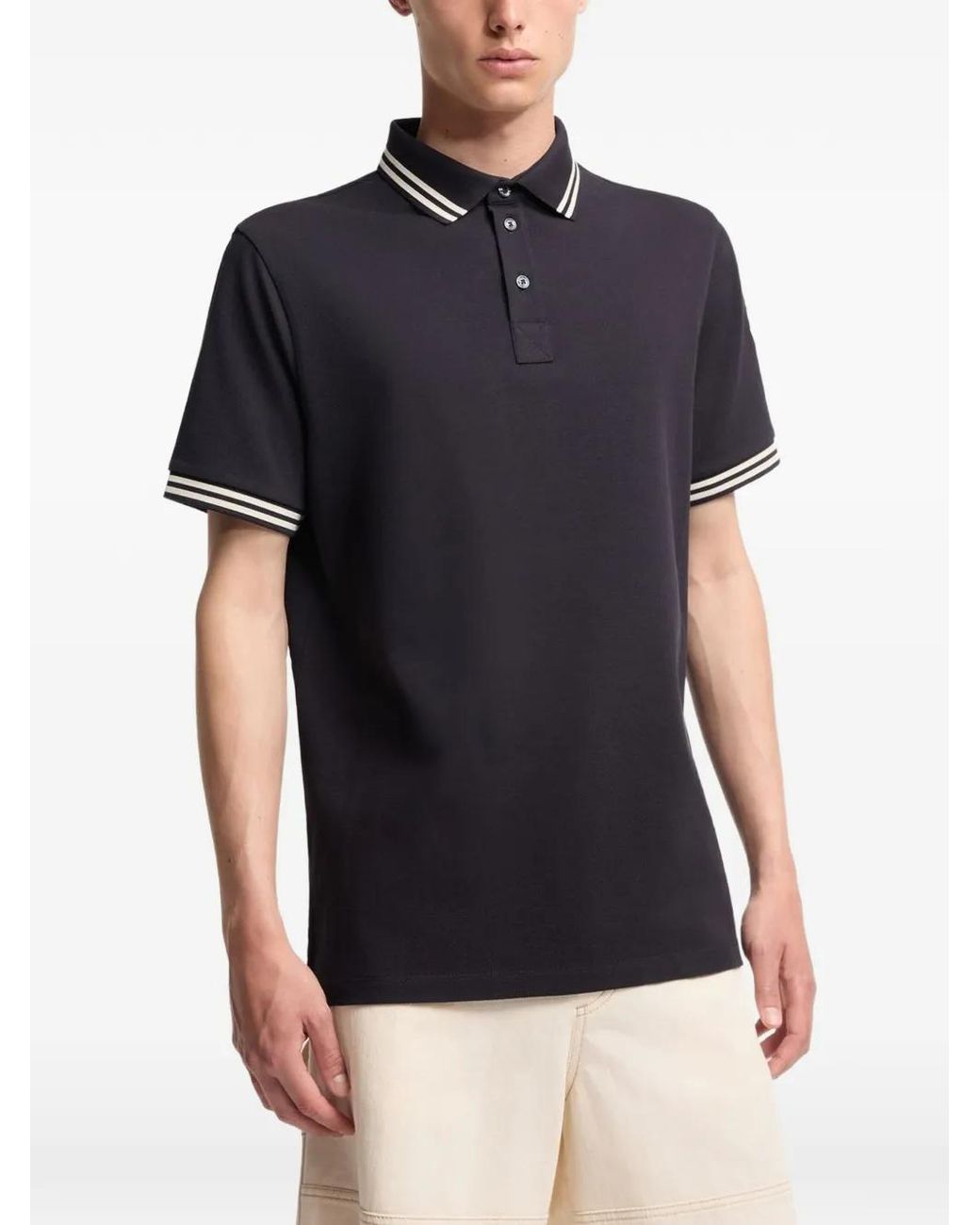 Moncler Blue Logo-Embroidered Striped-Trim Polo Shirt for men