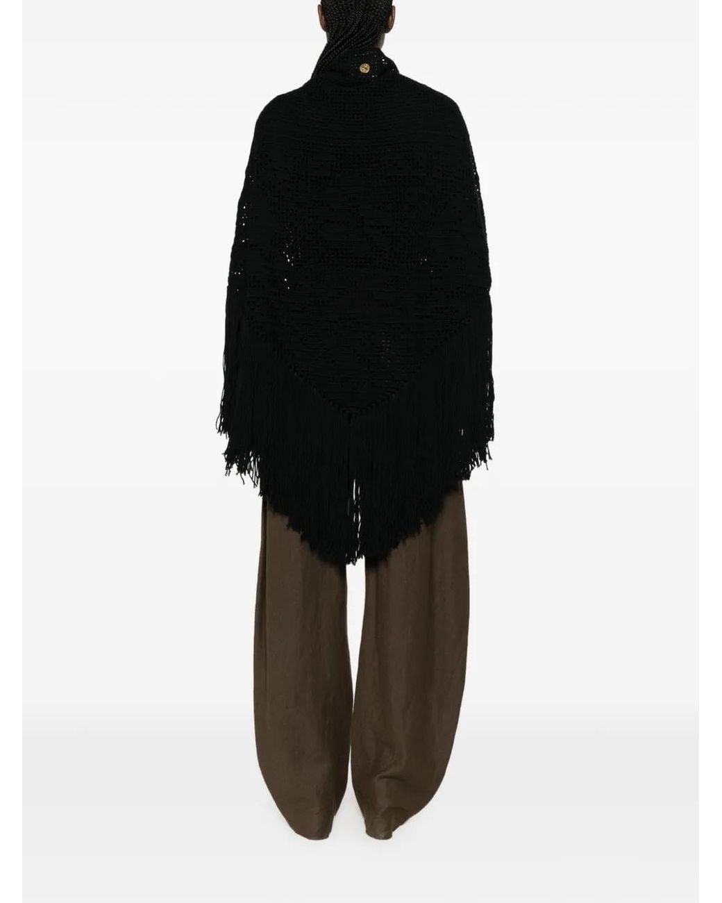 Chiara Is Black Scialle Peonia Crochet-Knit Fringed Poncho