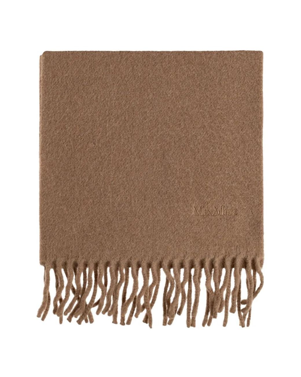 Max Mara Brown Fringed Logo-Embroidered Wool Scarf