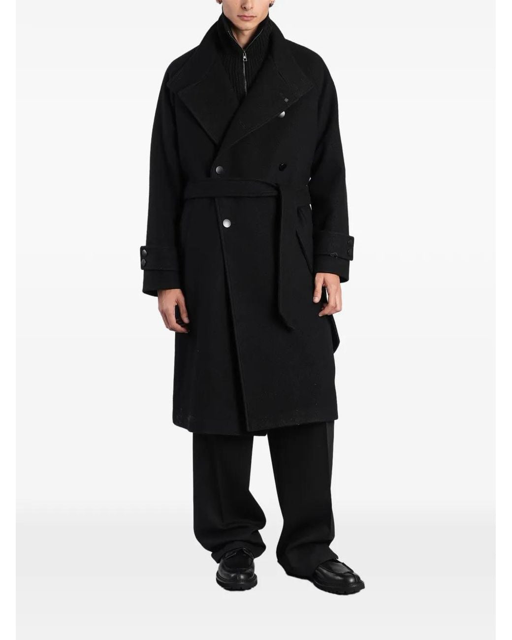Tagliatore Black Double-Breasted Belted Coat for men