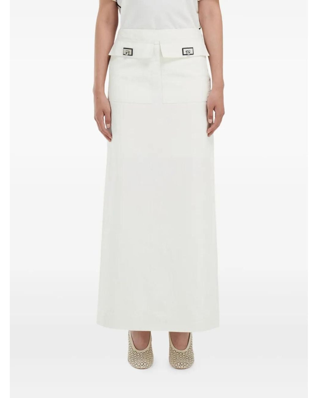 Ferragamo White Flap-Pocket Midi Skirt