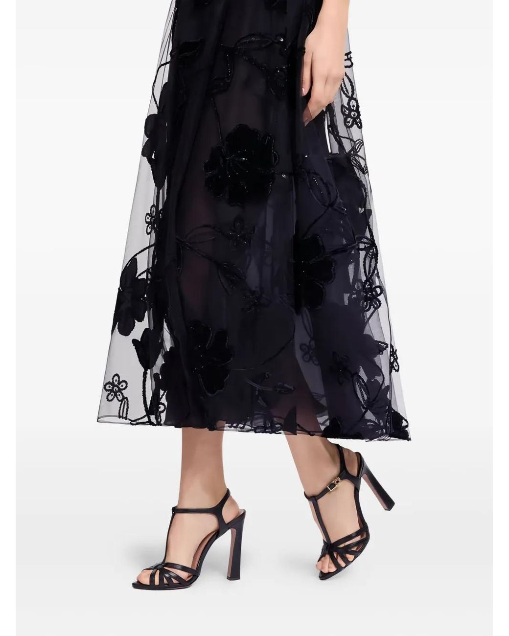 Elie Saab Black Embroidered Tulle And Velvet Midi Dress