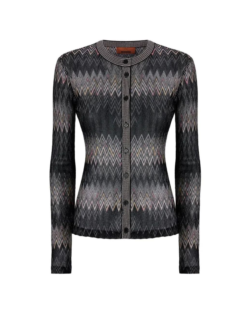 Missoni Black Viscose Lamé Chevron Crewneck Cardigan