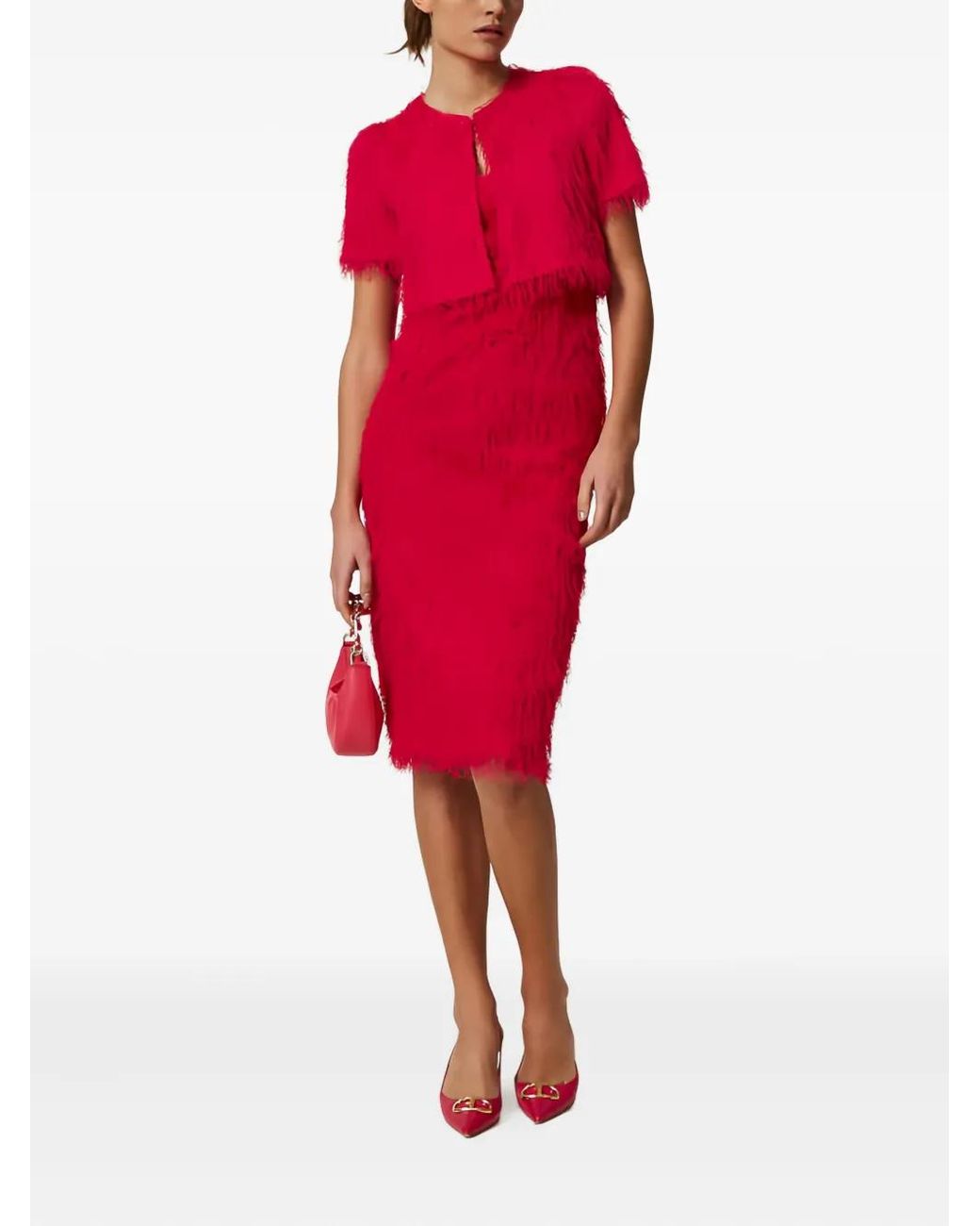 Twinset Red Feather-Effect Short-Sleeved Jacket