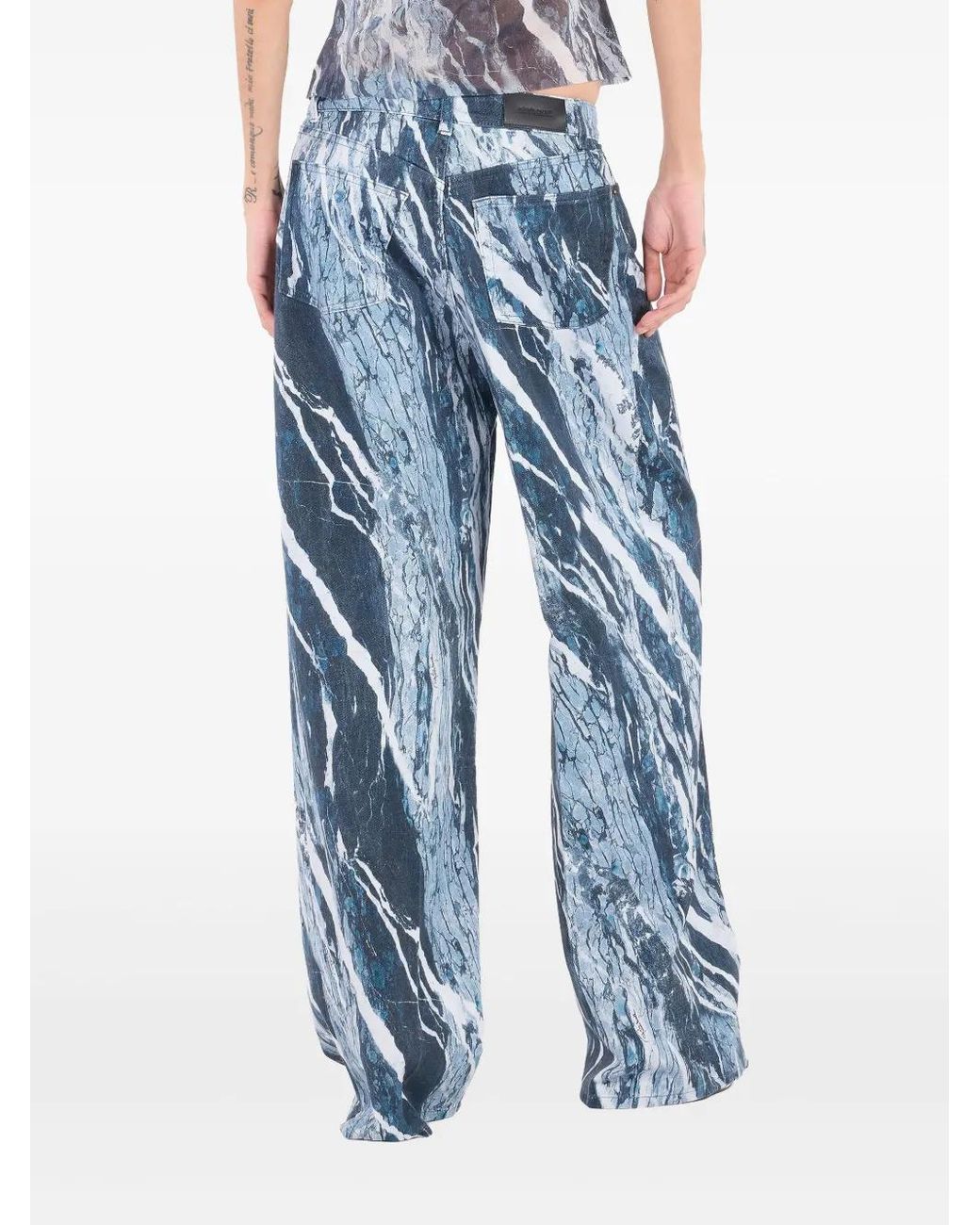 Roberto Cavalli Blue Marble-Print Wide-Leg Jeans