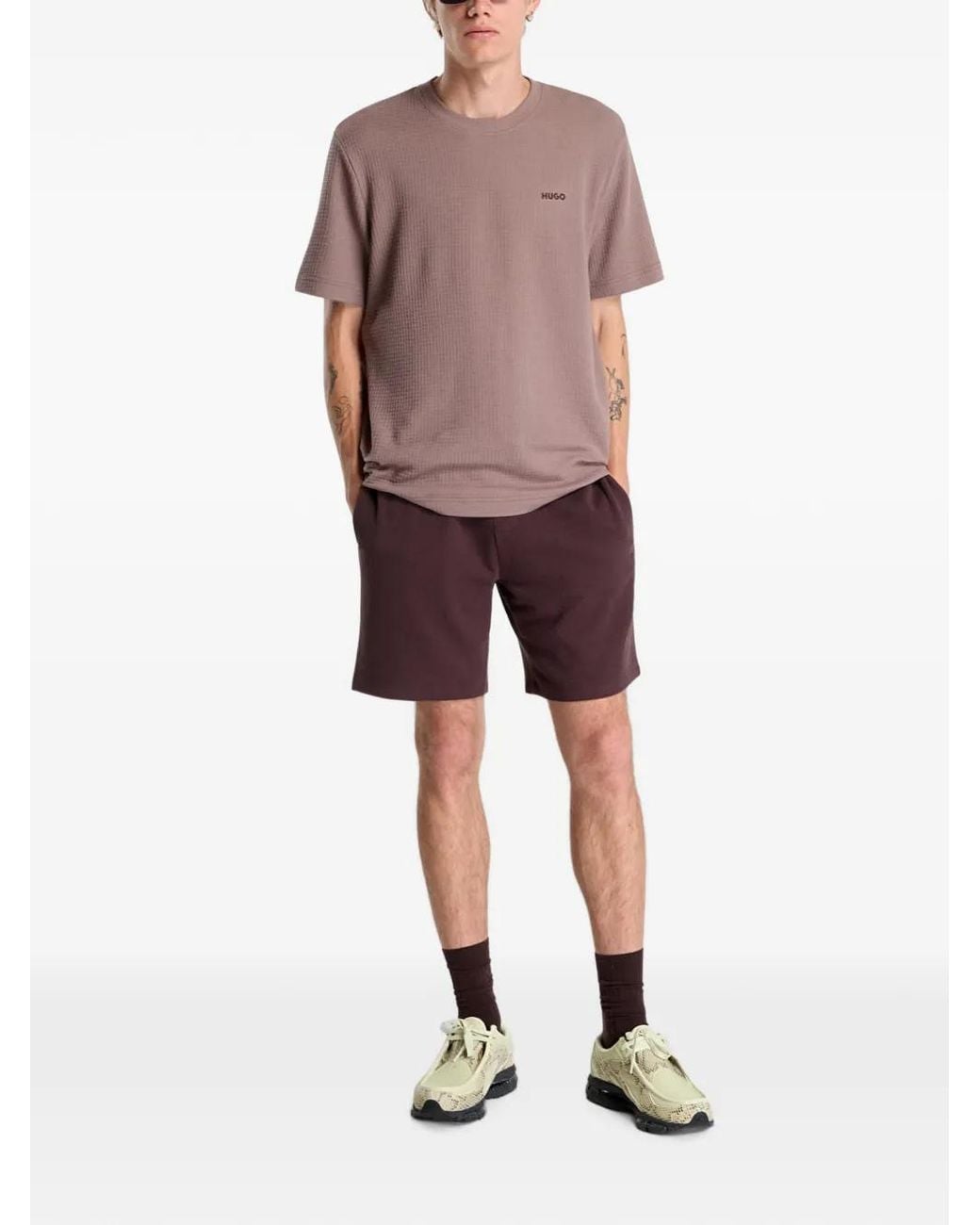 HUGO Brown Cotton-Blend Pajama Shorts With Embroidered Logo for men