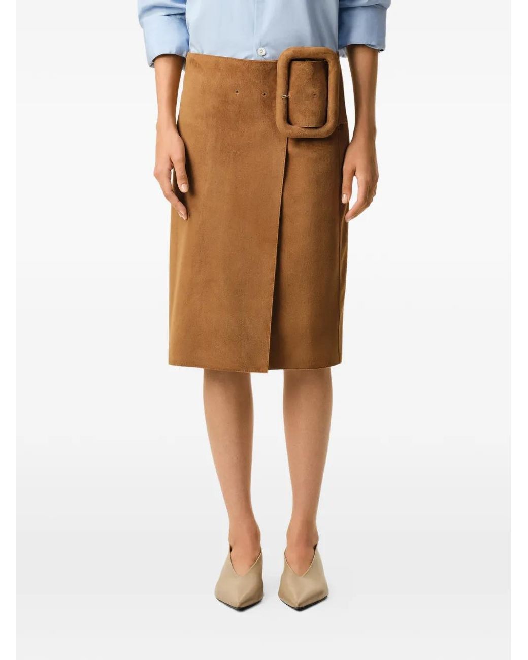 AMI Brown Goat Leather Big Buckle Belted Midi Skirt