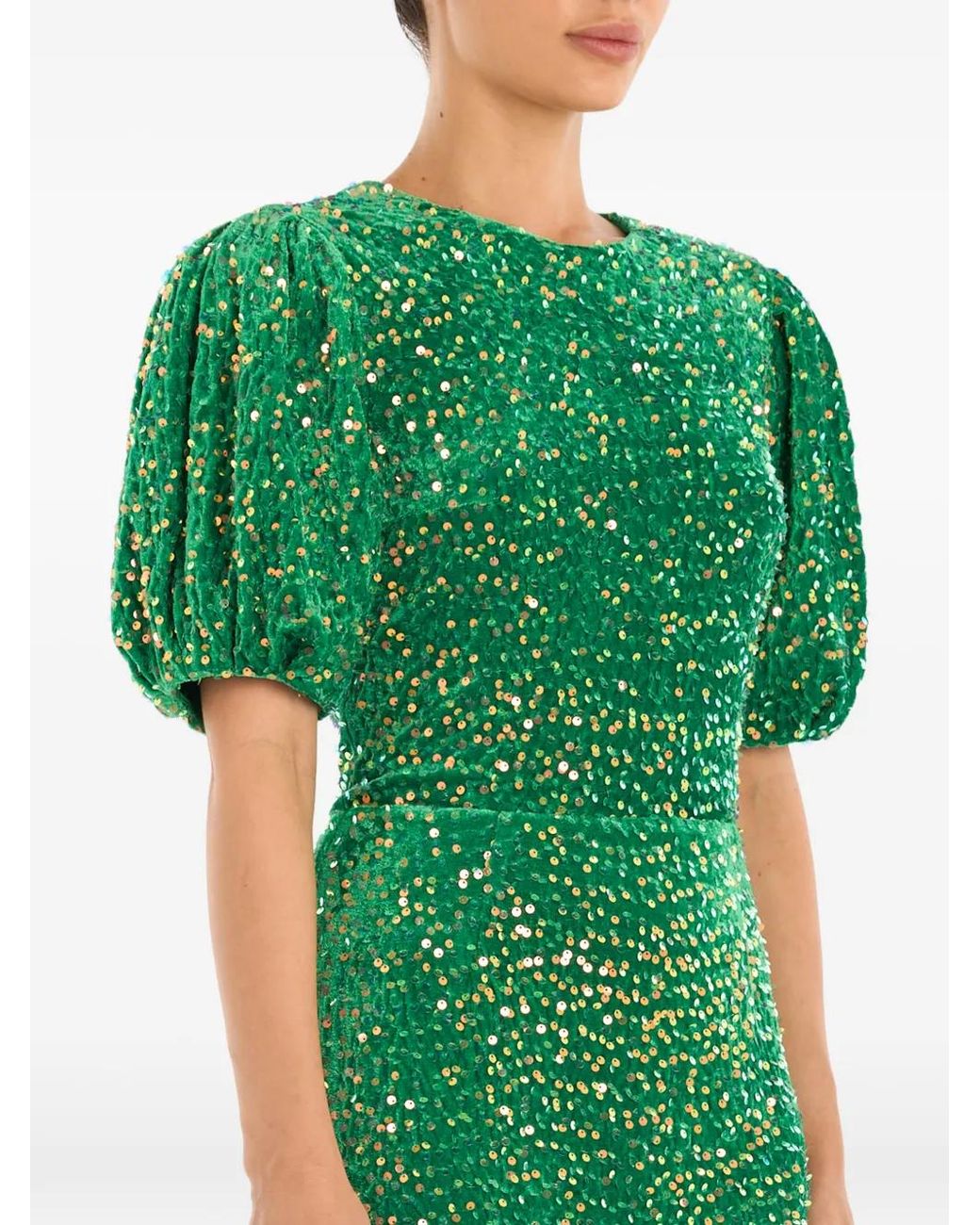 POST MERIDIEM Green Sequin-Embellished Puff-Sleeve Midi Dress