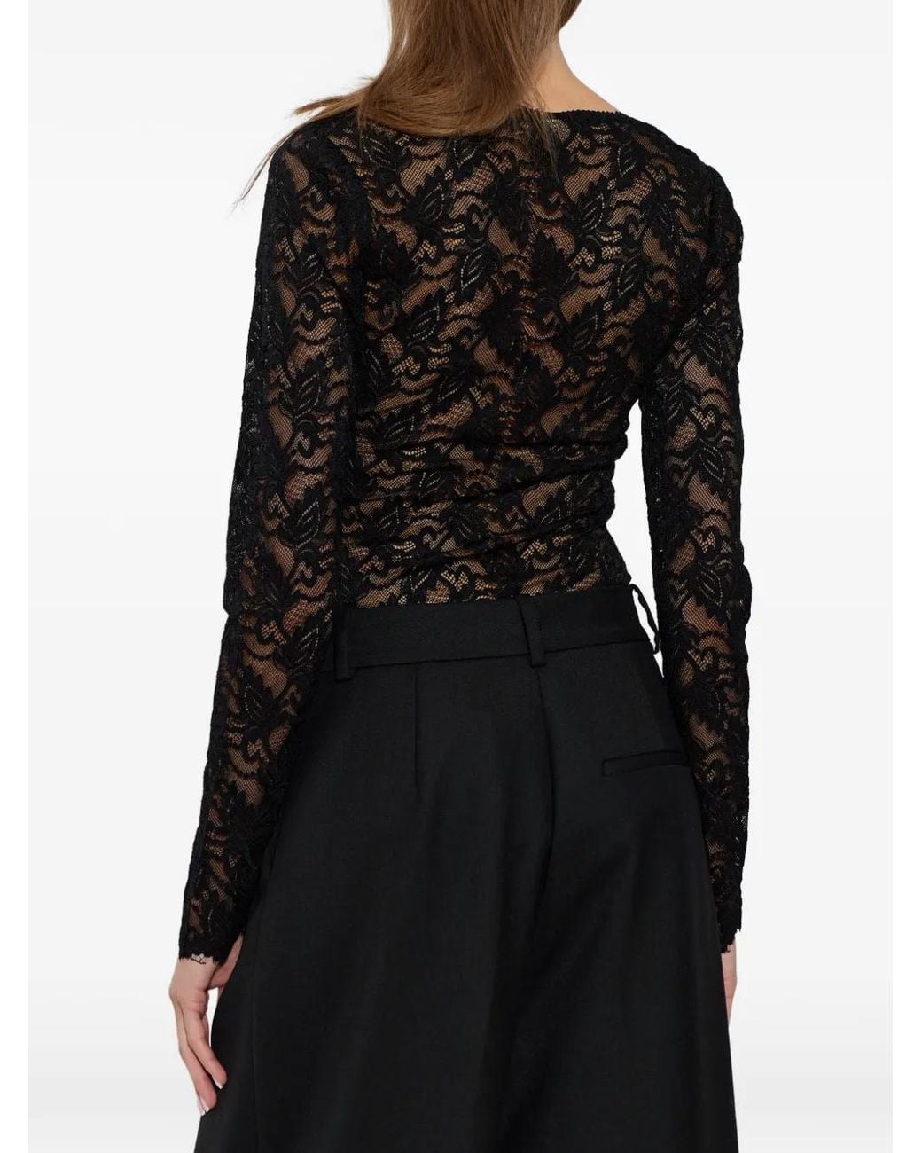 LoveShackFancy Black Jannie Lace Long-Sleeves Bodysuit