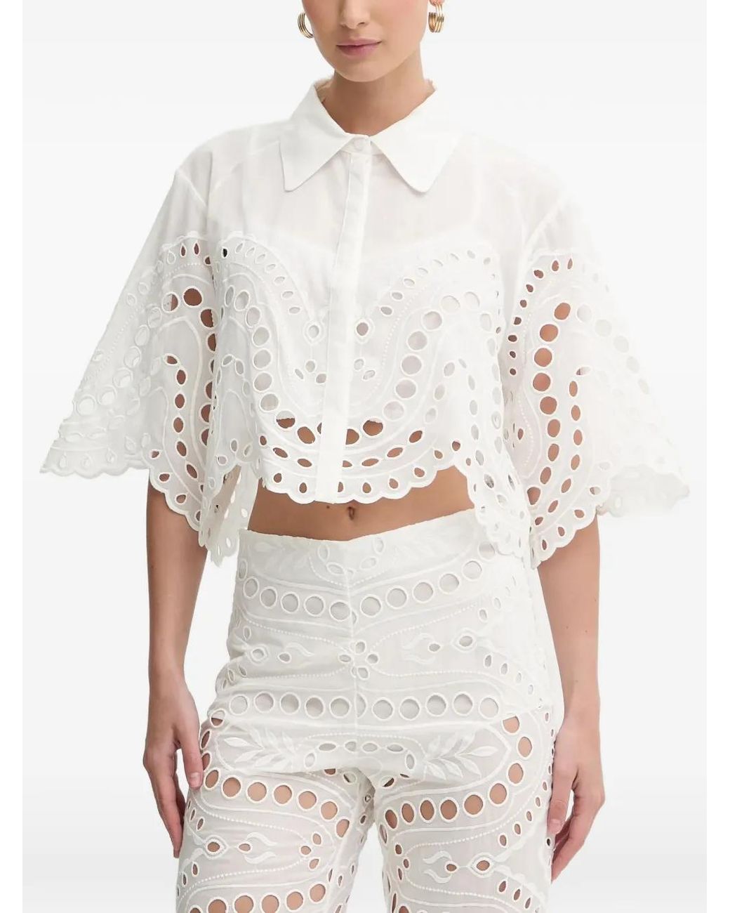 Charo Ruiz White Storm Scallop-Trim Eyelet Blouse