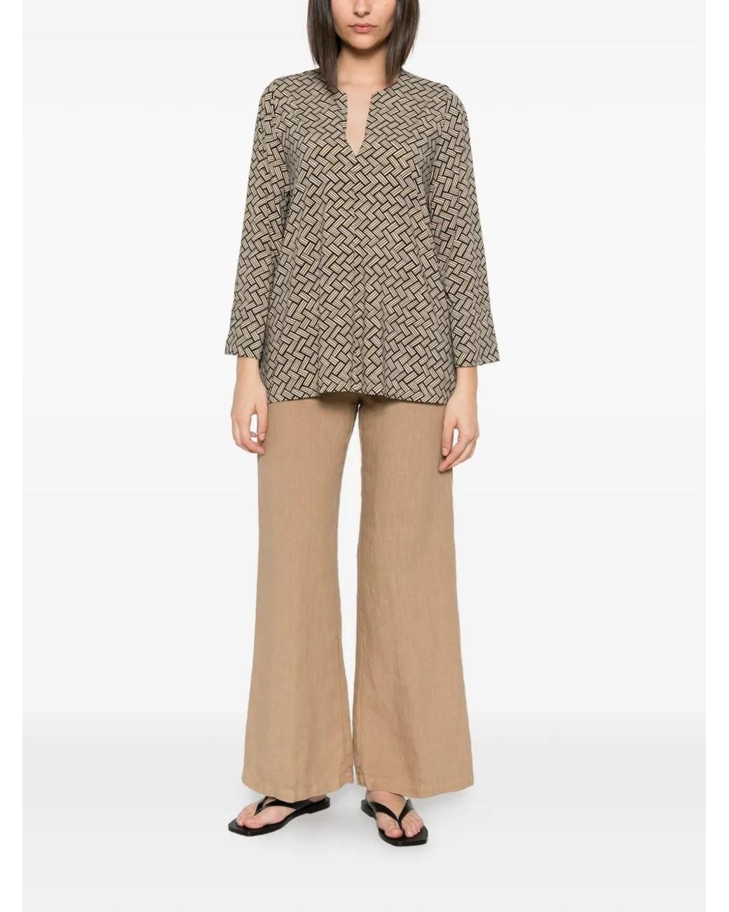 Siyu Brown Geometric-Pattern V-Neck Blouse