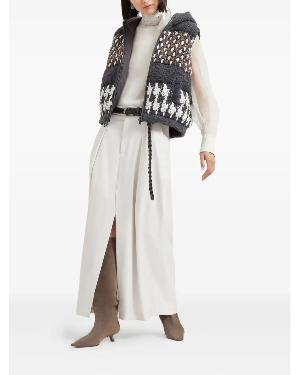 Brunello Cucinelli White Pleated Front-Split Maxi Skirt