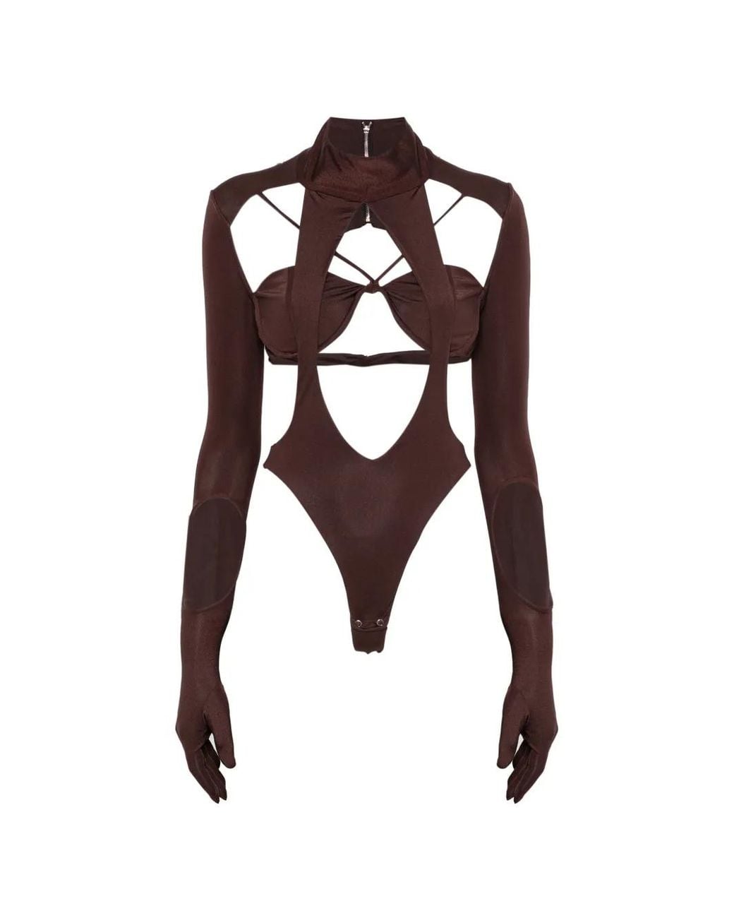 MITILIANE COUTURE Brown Cut-Out Gloved Bodysuit