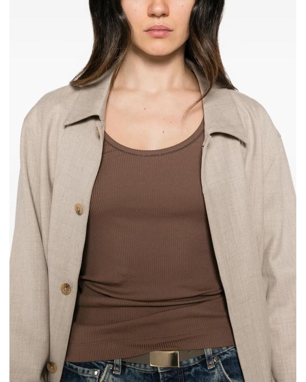 Brunello Cucinelli Brown Ribbed-Knit Monili-Chain Tank Top