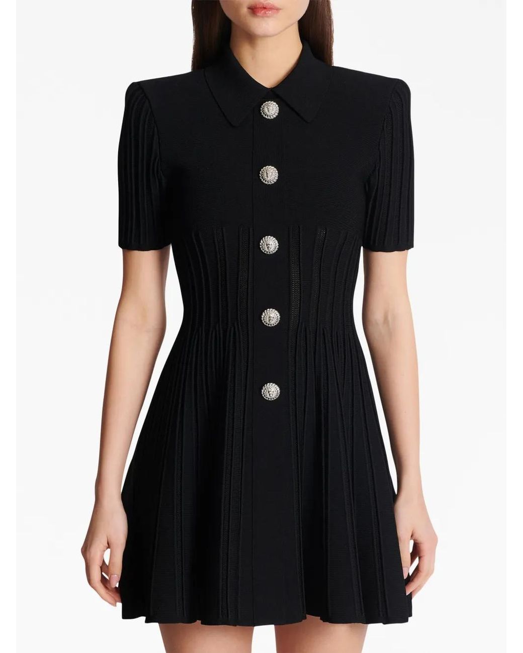 Balmain Black Flared Ribbed-knit Mini Dress