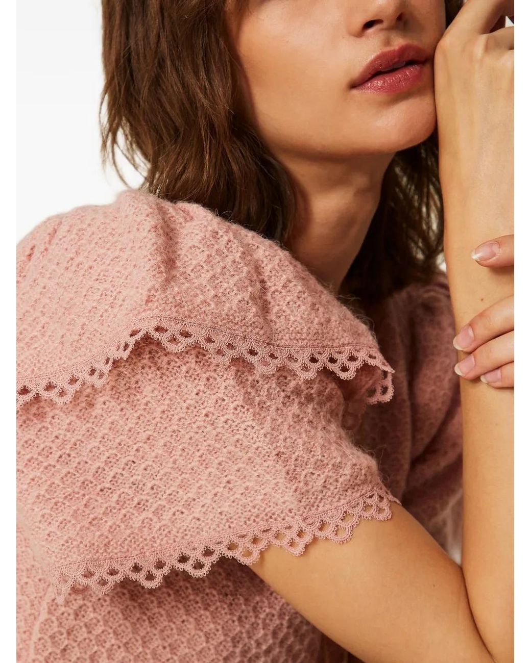 Twinset Pink Crew Neck Sweater With Flounces