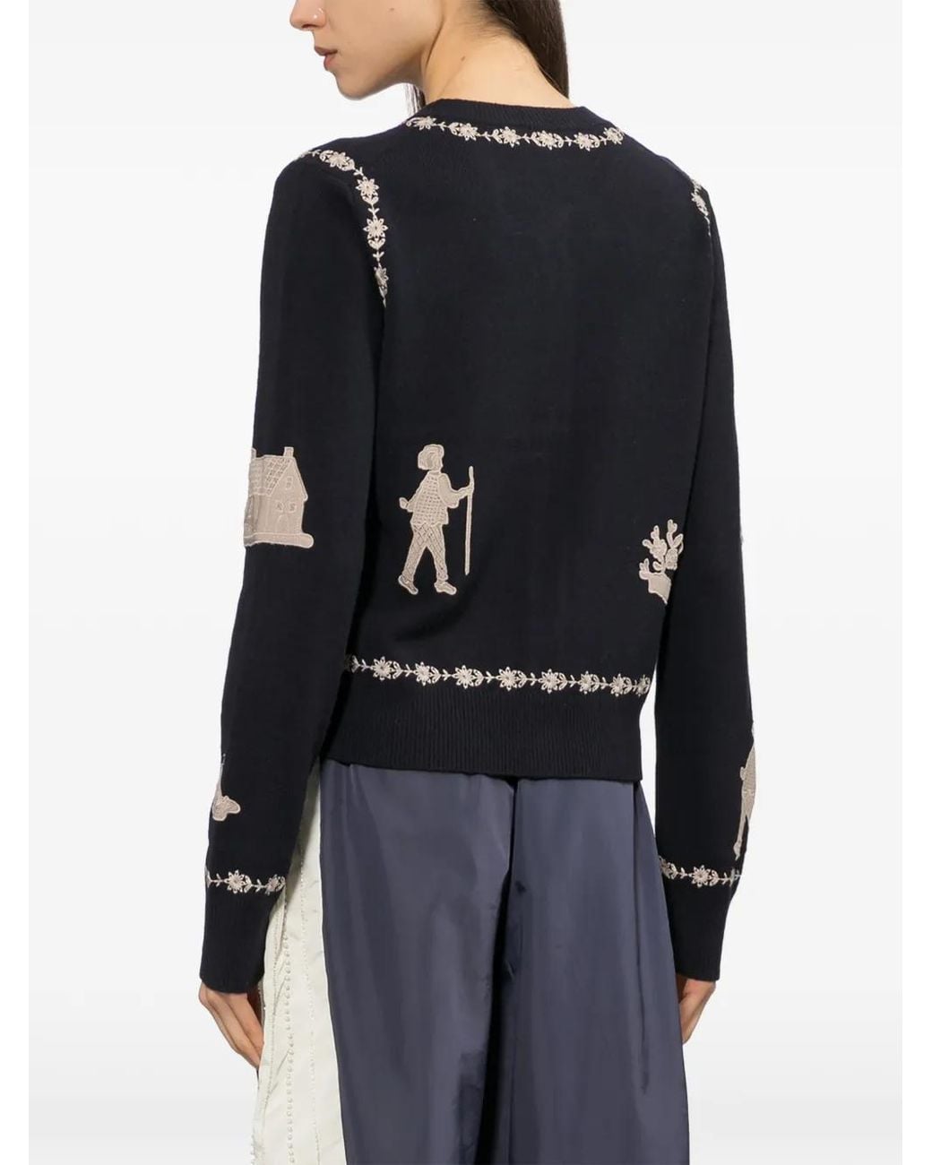 Sea Black Embroidered Intarsia-Knit Cardigan