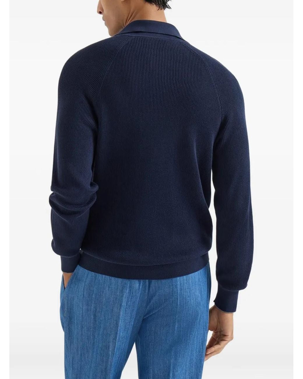Brunello Cucinelli Blue Cotton English Rib Knit Polo With Long Raglan Sleeves for men