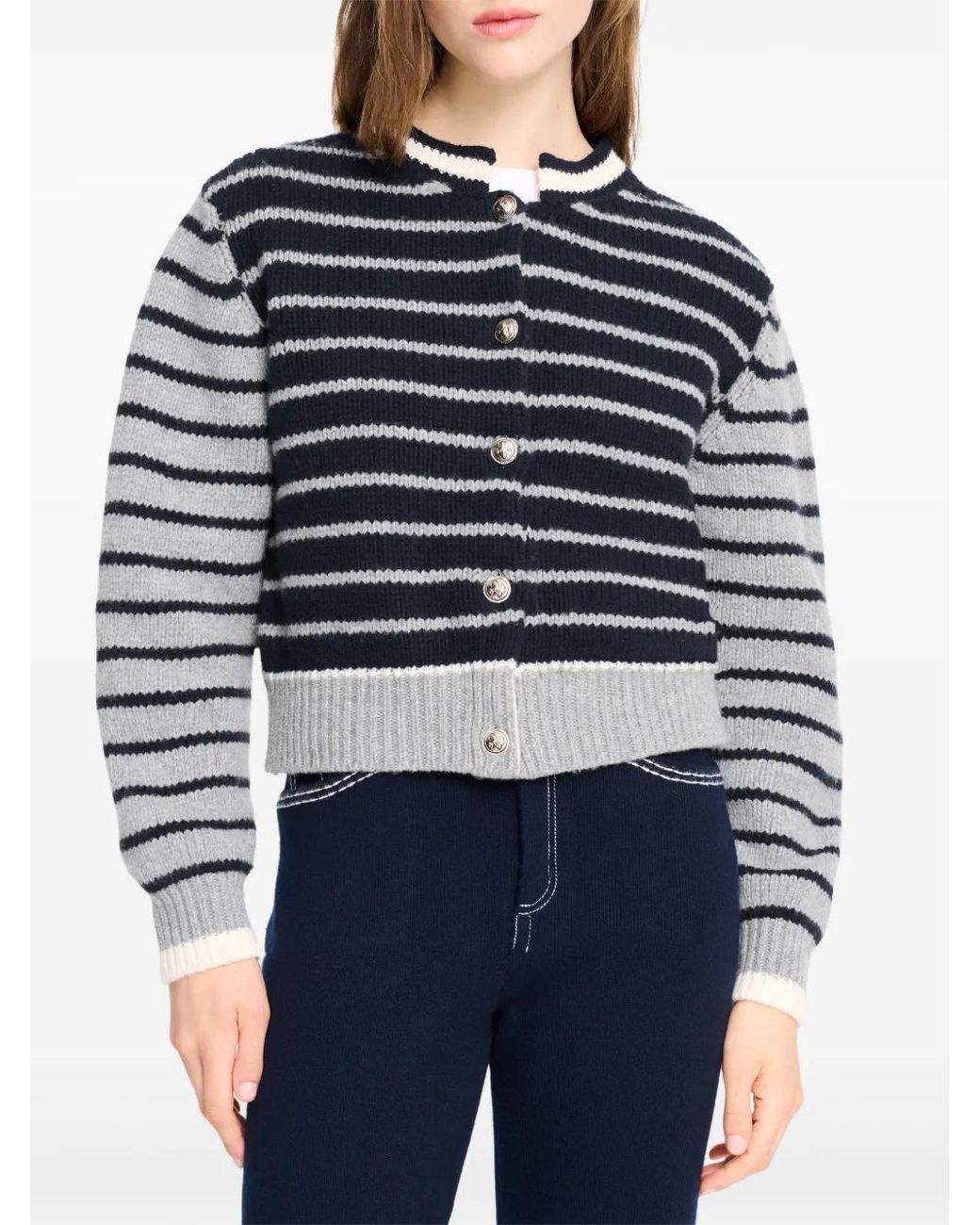 Barrie Blue Striped Chunky-Knit Cardigan