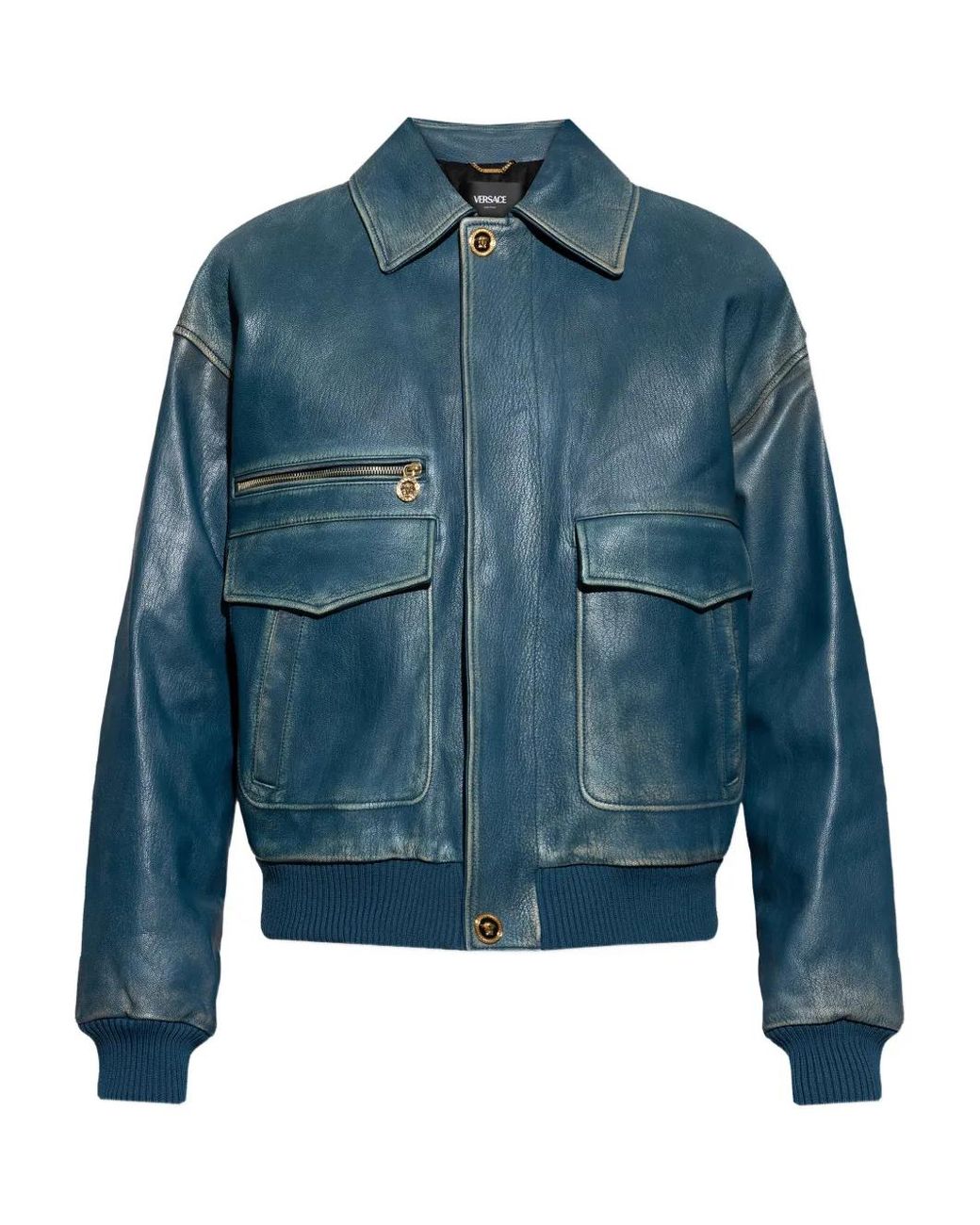 Versace Blue Leather Zip-Up Jacket for men