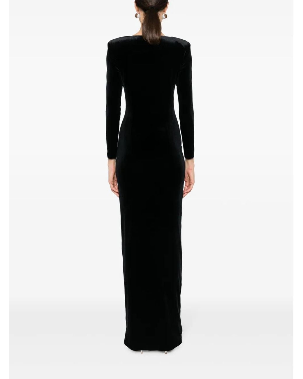 Nissa Black Floral-Detail Velvet Maxi Dress