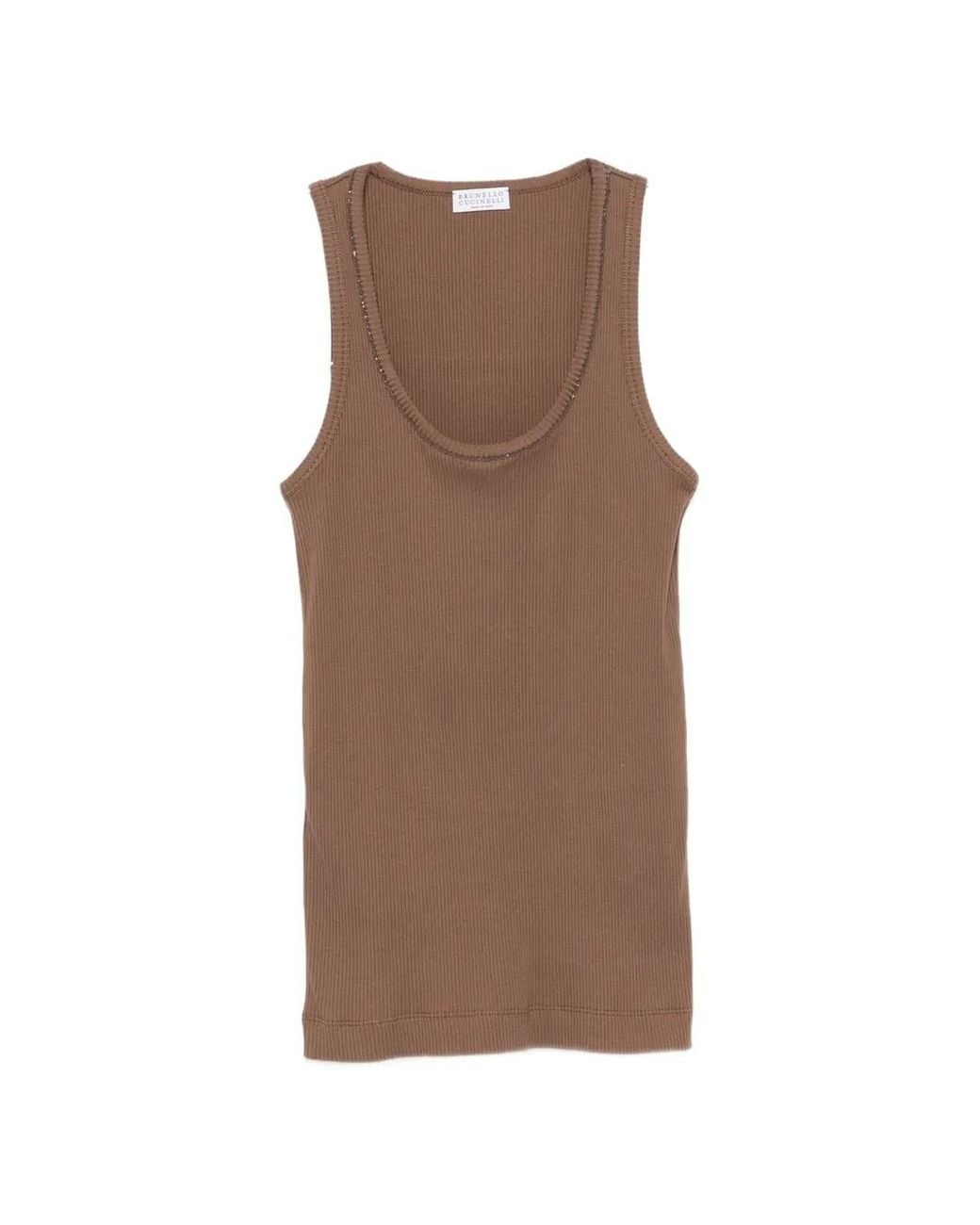 Brunello Cucinelli Brown Ribbed-Knit Monili-Chain Tank Top