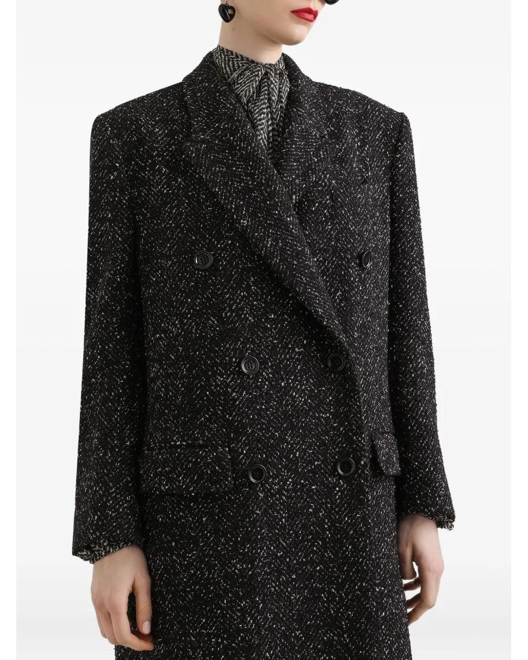 Dolce & Gabbana Black Herringbone-Pattern Double-Breasted Coat