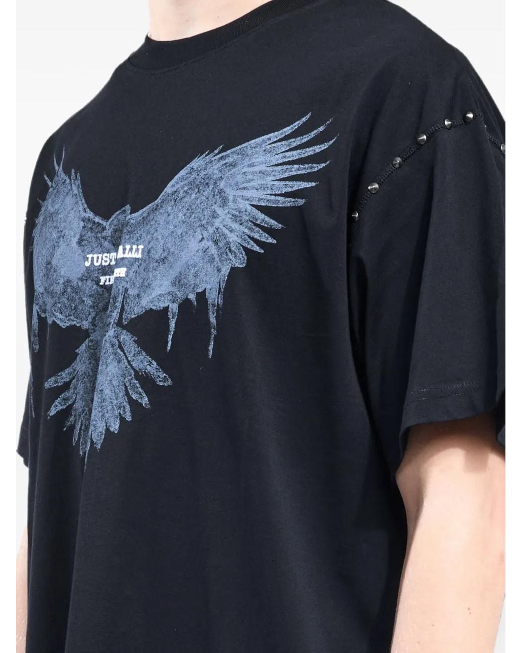 Just Cavalli Blue Stud-Embellished Eagle-Print T-Shirt for men