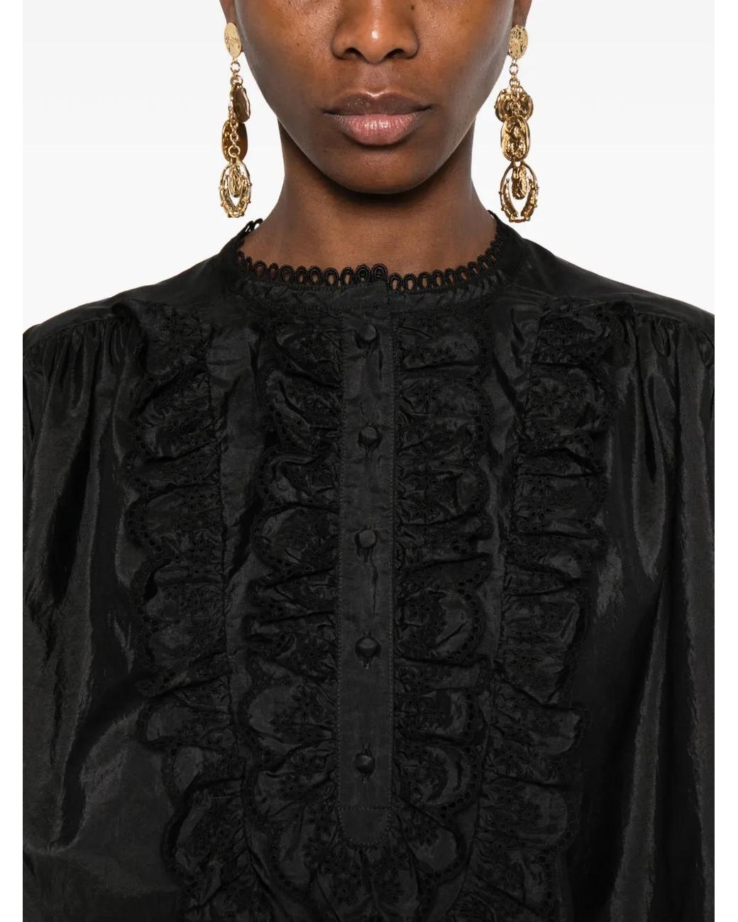 Chloé Black Ruffled Lace-Trim Blouse