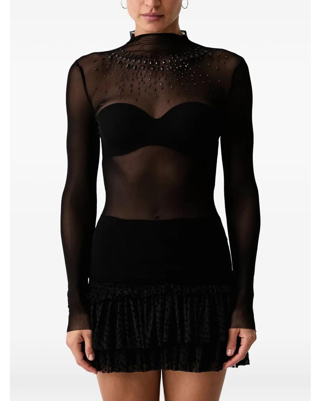 Silvian Heach Black Crystal-Embellished Mesh Top