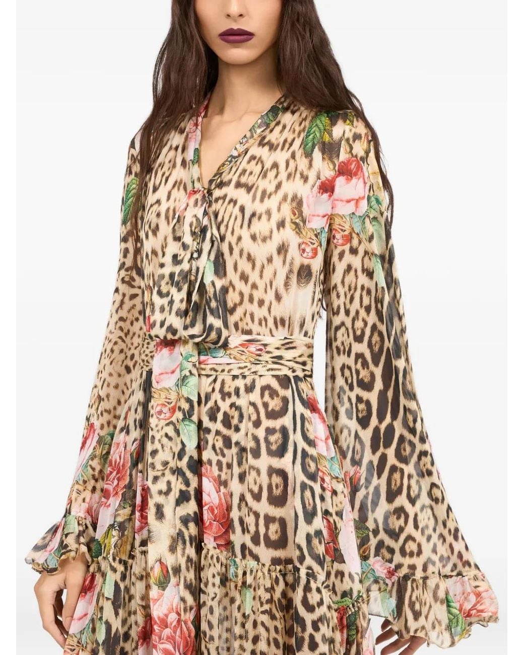 Roberto Cavalli Natural Jaguar-Print Tiered Maxi Dress