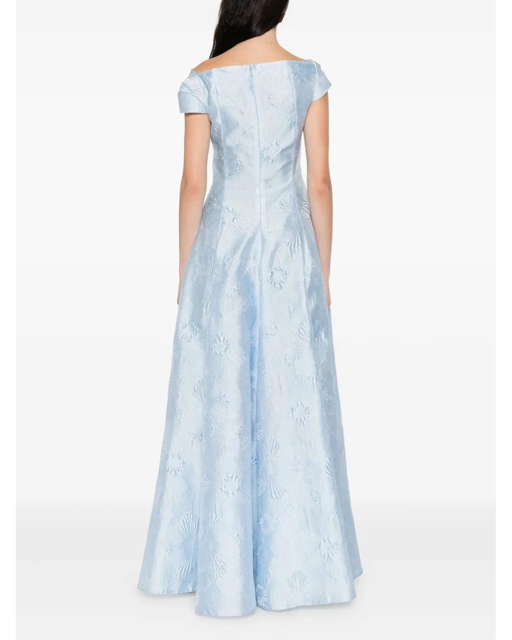 Talbot Runhof Blue Cowl-Neck Floral-Pattern Dress
