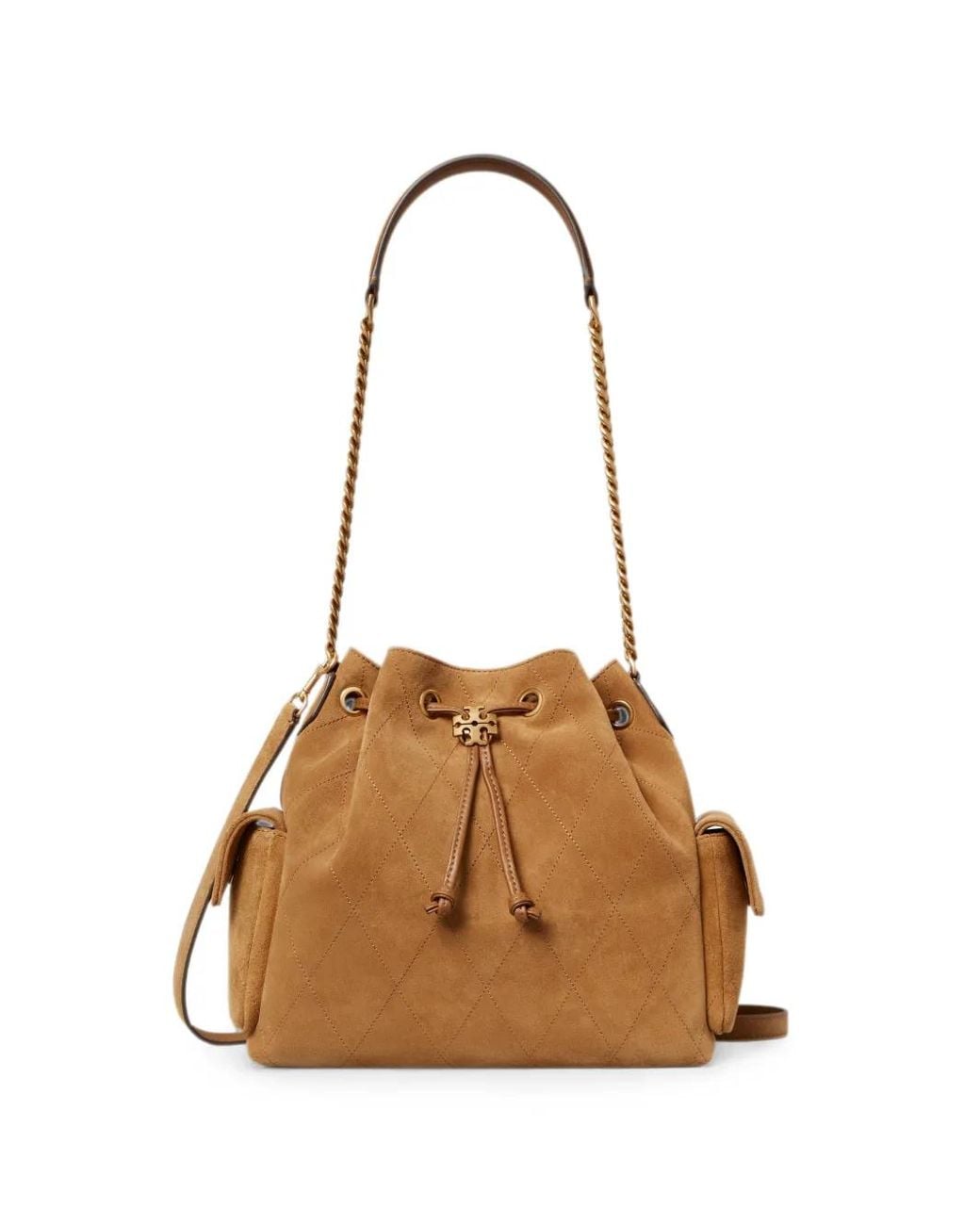 Tory Burch Natural Charlie Quilted Suede Drawstring Shoulder Bag