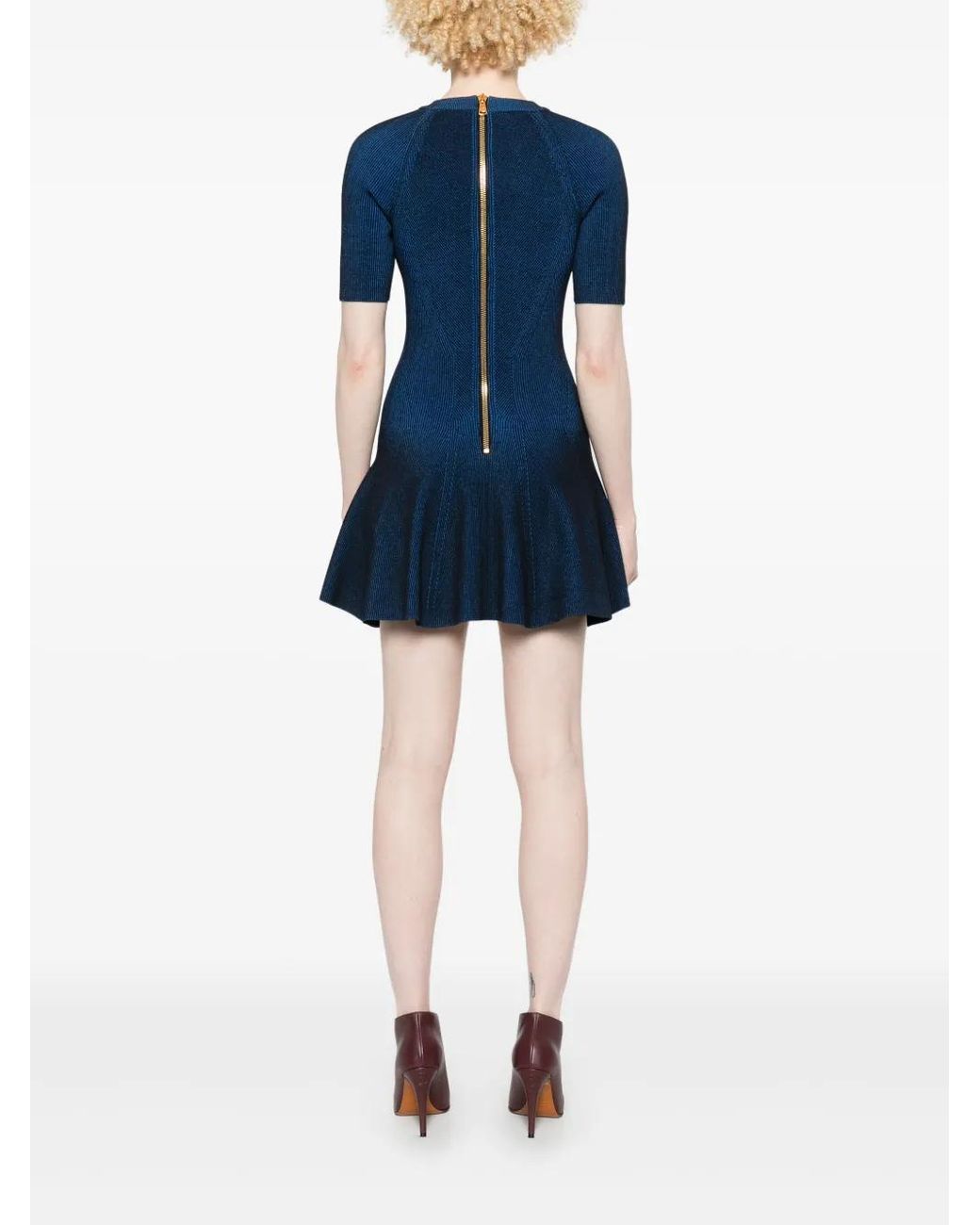 Balmain Blue Ribbed-Knit Mini Dress