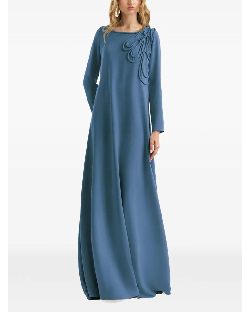 Gemy Maalouf Blue Appliqué Long-Sleeve Dress